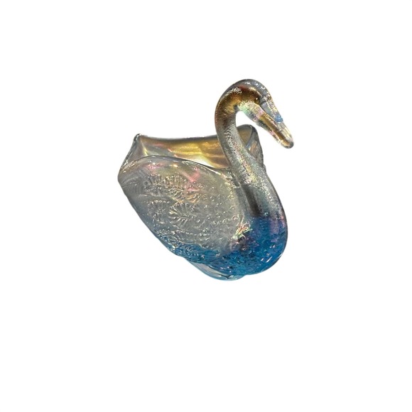 Other - Iridescent Glass Swan Trinket Dish Candy Bowl Blue Opalescent Art Glass